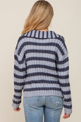 Blue Striped Knit Front Button Maternity Sweater