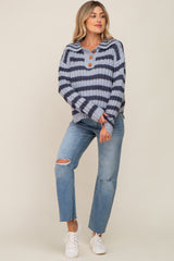 Blue Striped Knit Front Button Maternity Sweater