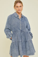 Blue Denim Long Sleeve Tiered Dress