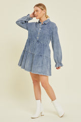 Blue Denim Long Sleeve Tiered Maternity Dress