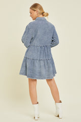 Blue Denim Long Sleeve Tiered Dress