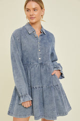 Blue Denim Long Sleeve Tiered Dress