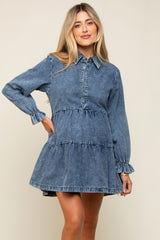 Blue Denim Long Sleeve Tiered Maternity Dress