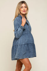 Blue Denim Long Sleeve Tiered Maternity Dress