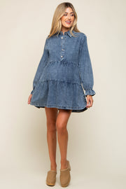 Blue Denim Long Sleeve Tiered Maternity Dress