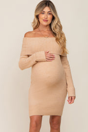 Beige Off-Shoulder Fold Over Maternity Sweater Dress