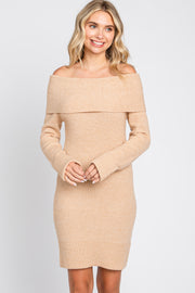 Beige Off-Shoulder Fold Over Sweater Dress