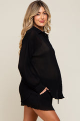 Black Pleated Long Sleeve Maternity Short Set