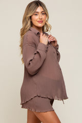 Mocha Pleated Long Sleeve Maternity Short Set