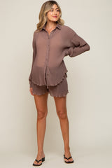 Mocha Pleated Long Sleeve Maternity Short Set