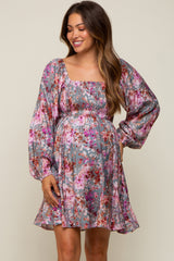 Pink Floral Shimmer Satin Smocked Maternity Dress