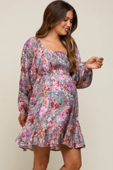 Pink Floral Shimmer Satin Smocked Maternity Dress