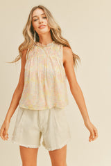 Peach Floral Ruffle Neck Sleeveless Top