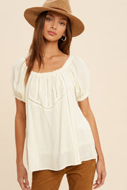 Cream Embroidered Puff Sleeve Peasant Blouse