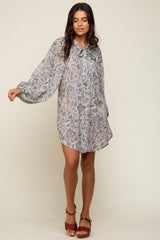 Blue Floral Button Up Pleated Dress