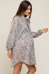 Blue Floral Button Up Pleated Maternity Dress