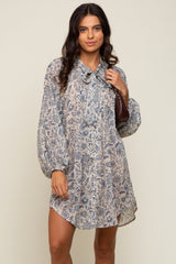 Blue Floral Button Up Pleated Maternity Dress