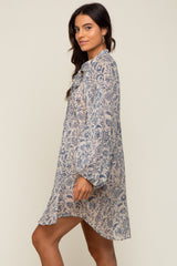 Blue Floral Button Up Pleated Dress