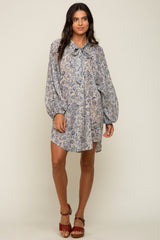 Blue Floral Button Up Pleated Dress