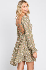 Light Olive Floral Smocked Lace Up Back Dress