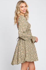 Light Olive Floral Smocked Lace Up Back Dress