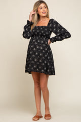 Black Floral Smocked Lace Up Back Maternity Dress