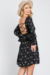 Black Floral Smocked Lace Up Back Dress