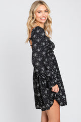 Black Floral Smocked Lace Up Back Dress