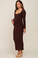 Brown Square Neck Fitted Long Sleeve Maternity Maxi Dress