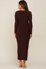 Brown Square Neck Fitted Long Sleeve Maternity Maxi Dress