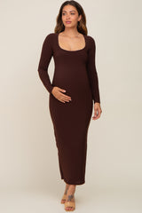 Brown Square Neck Fitted Long Sleeve Maternity Maxi Dress