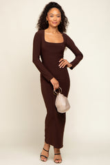 Brown Square Neck Fitted Long Sleeve Maternity Maxi Dress