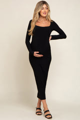 Black Square Neck Fitted Long Sleeve Maternity Maxi Dress