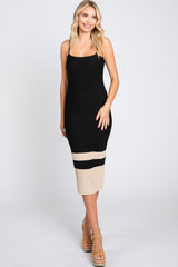 Black Colorblock Knit Fitted Midi Dress