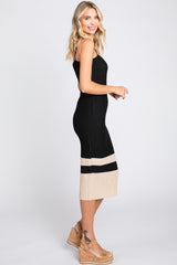 Black Colorblock Knit Fitted Midi Dress