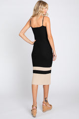 Black Colorblock Knit Fitted Midi Dress