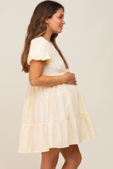 Yellow Gingham Puff Sleeve Tiered Maternity Dress