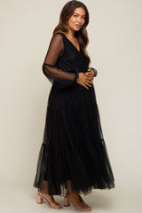 Black Mesh Overlay Tiered Maternity Maxi Dress