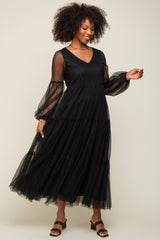 Black Mesh Overlay Tiered Maternity Maxi Dress