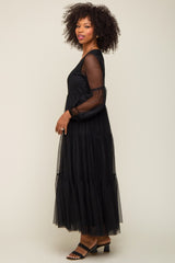 Black Mesh Overlay Tiered Maxi Dress