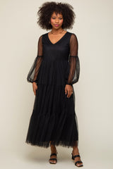 Black Mesh Overlay Tiered Maxi Dress