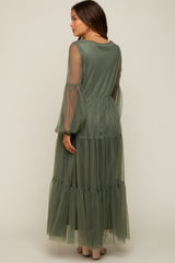 Olive Mesh Overlay Tiered Maternity Maxi Dress