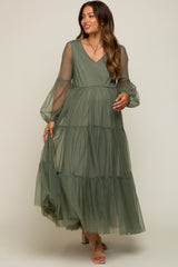 Olive Mesh Overlay Tiered Maternity Maxi Dress