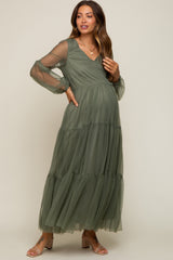 Olive Mesh Overlay Tiered Maternity Maxi Dress