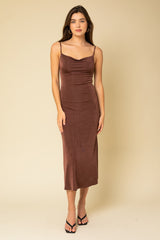 Brown Cowl Neck Midi Dress