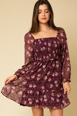 Burgundy Floral Smocked Long Sleeve Dress