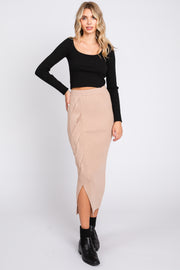 Beige Ribbed Braided Side Midi Skirt