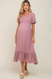 Lavender Smocked V-Neck Maternity Midi Dress