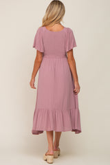 Lavender Smocked V-Neck Maternity Midi Dress