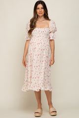 Pink Floral Smocked Gauze Maternity Midi Dress